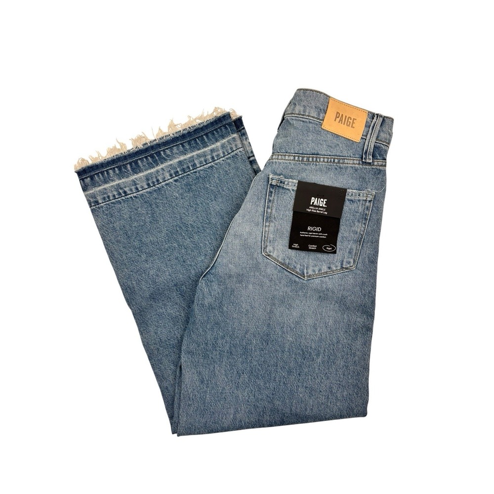 PAIGE High-Rise Light Blue Denim Barrel Jeans with Frayed Hem